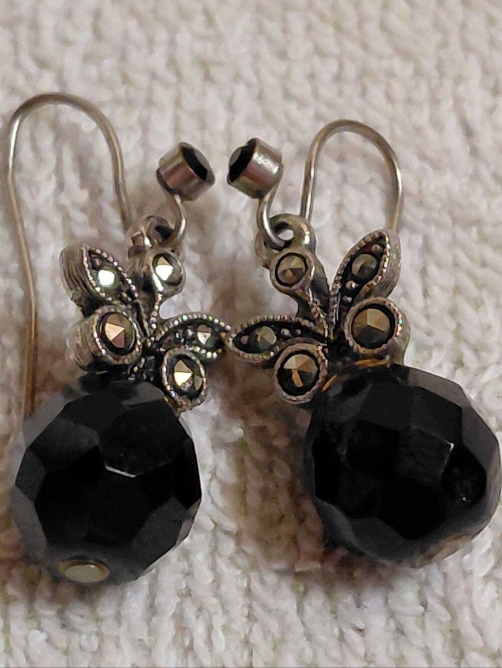 1928 Vintage Black Bead And Marcasite French Wire Drop Earrings